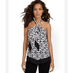☀️New York & Company Geometric Sleeveless Halter Bow Blouse Top White/Black S